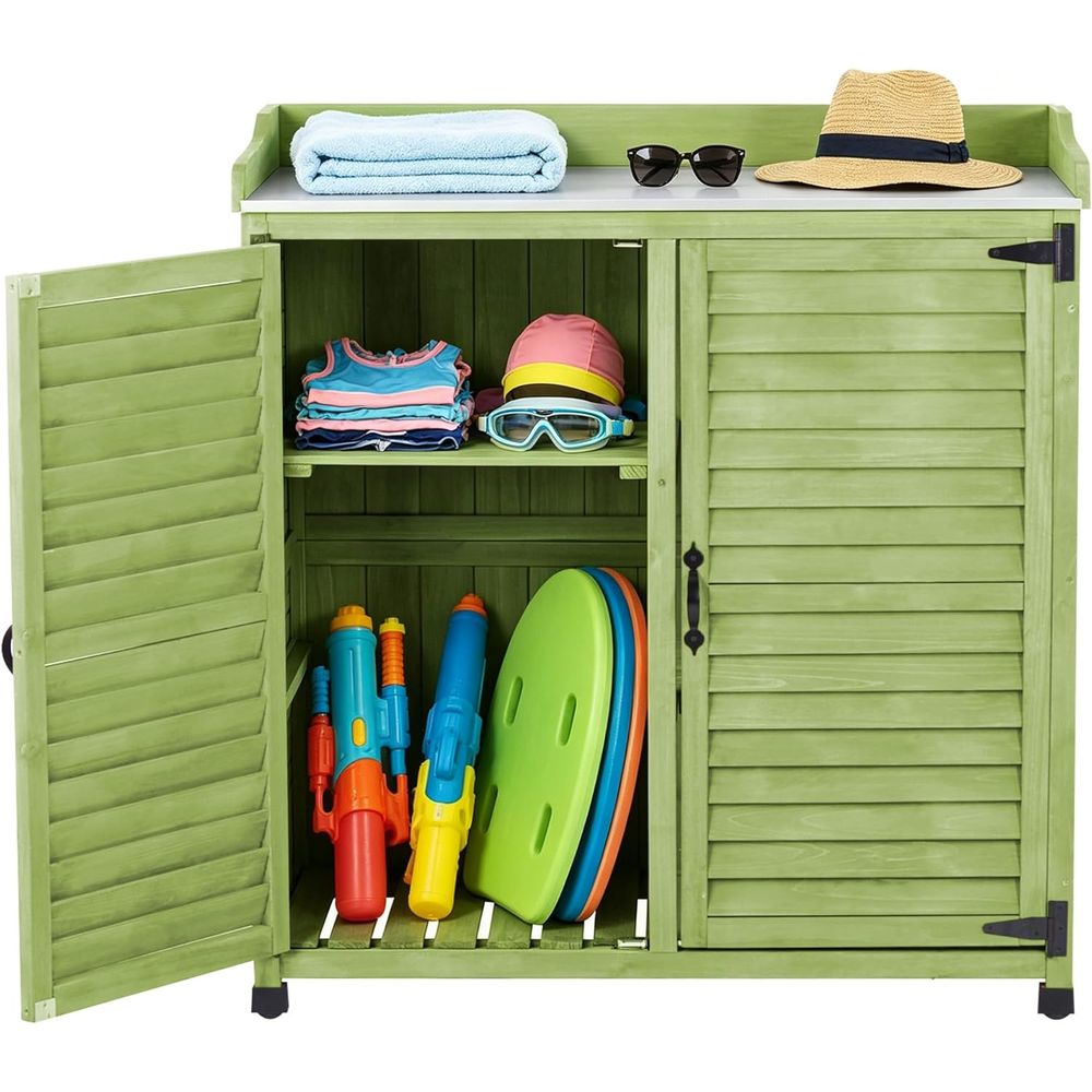 Workbench Woodworking - Outdoor-Pflanzbank mit Metall-Arbeitsplatte, Wasserdichter Garten-Aufbewahrungsschrank, Holz-Werkzeugstation